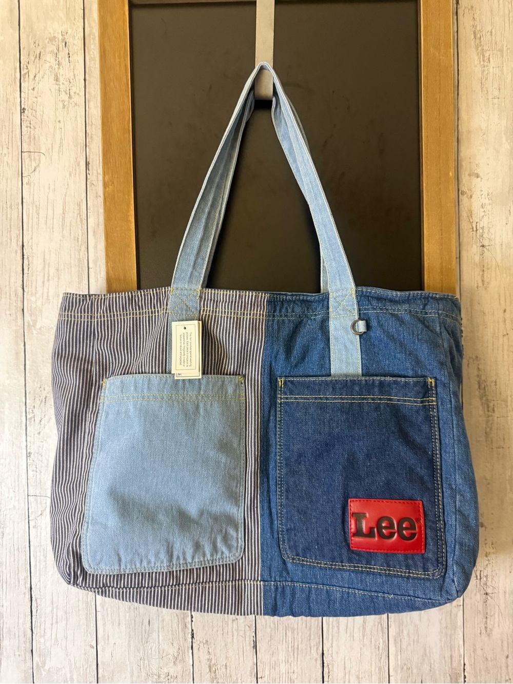 NWT Large Kacey Lee Women's Denim tote Bag, hickory stripe and patchwork